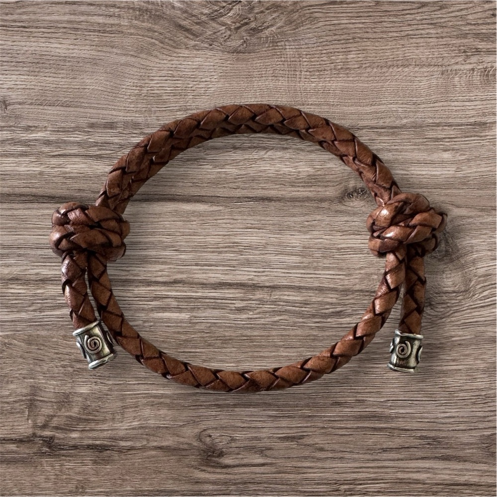Hand Crafted Brown Braided Leather and Sterling Silver Adjustable Bracelet NEW